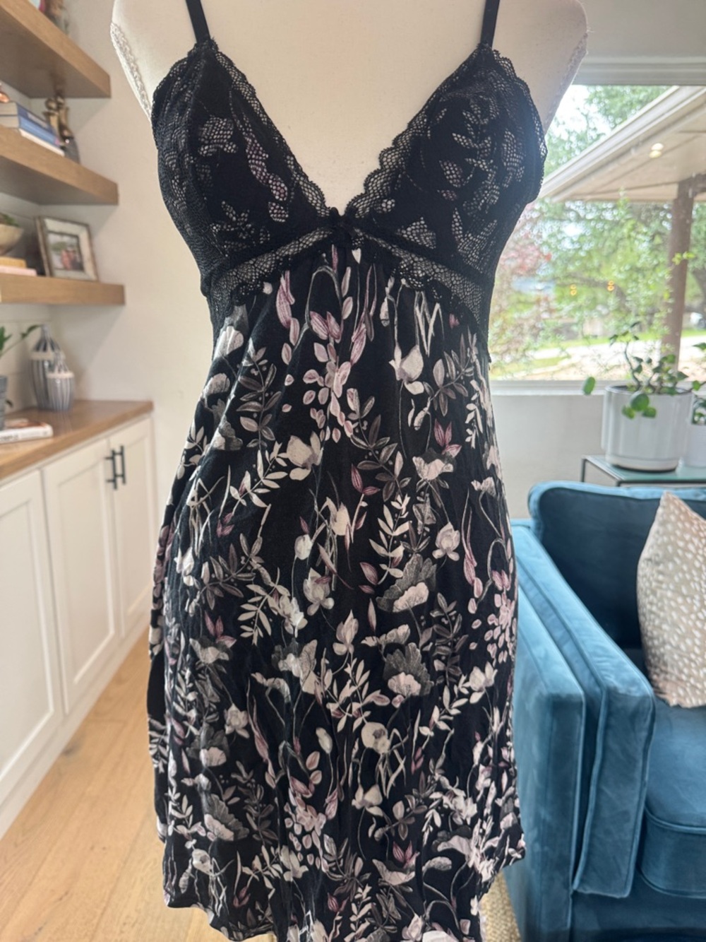 Black Floral Lace Slip Dress with Pink Accents